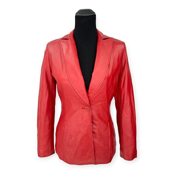 Siena Studio | XS | Red Leather Fitted One-Button Notched Lapel Blazer Jacket - Picture 1 of 11